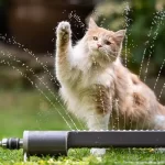 summer heat and your pet. cat playing with sprinklers